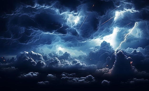 Black dark blue night sky with clouds A thunderstorm is coming thunder rain Flashes of lightning Generative AI