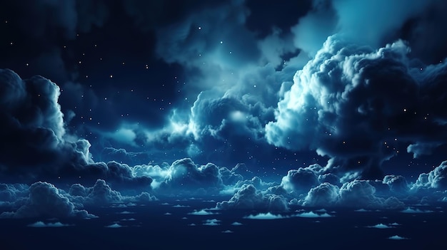 Черное темно-синее ночное небо со звездами Белые кучевые облака Generative Ai