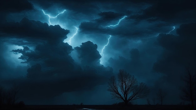 黒い暗い青色 劇的な夜空 暗い不吉な嵐 雨の雲の背景 雲の雷