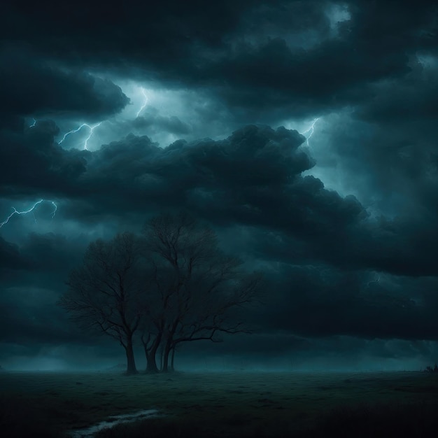 黒 濃い緑 濃い青 劇的な夜空 暗い不吉な嵐 雨の雲の背景 雲の雷