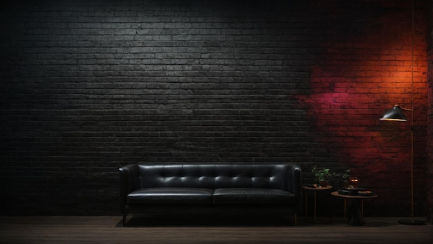 Black dark grunge brick wall texture background wallpaper for ads with sofa light and furnitures