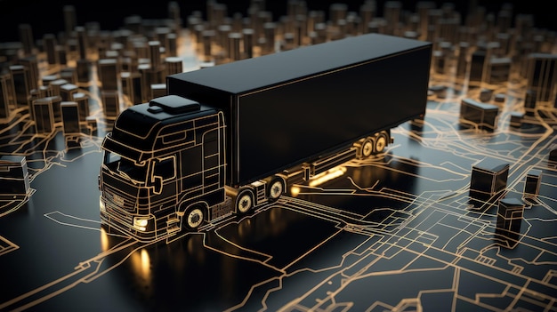 Foto furgone di consegna nero su modello e mappa con dettagli leggeri concetto di consegna ai generativa