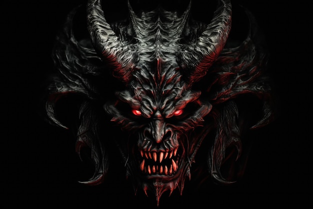 写真 角と赤い火の目を持つ黒い悪魔 ファンタジー モンスター 地獄の火の魔王の頭 黒い背景に怒っている悪魔の生成 ai イラスト