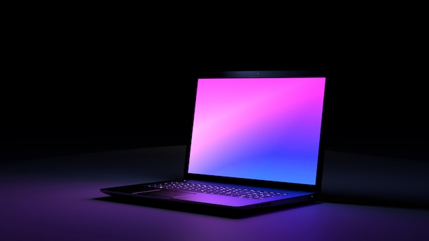 Black Desk Laptop Computer with color pink purple Light display.