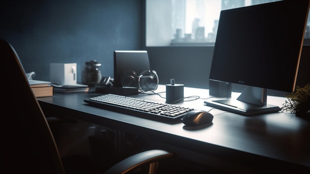 A black desk with a keyboard and a mouse on it