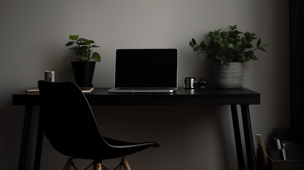 A black desk with a laptop and a plant on it.