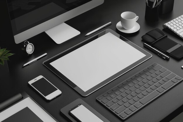 Photo a black desk with a white cup and a phone on it