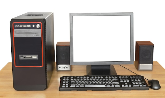 Foto computer desktop nero sul tavolo di legno