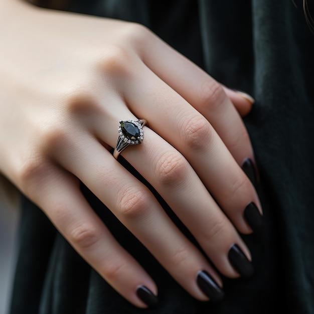 a black diamond set in a ring is worn by a girl's hand
