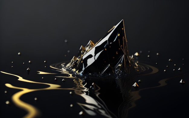 A black diamond in the water with gold paint on it