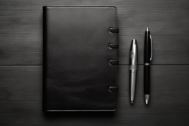 black diary cover and pen on black table mock up