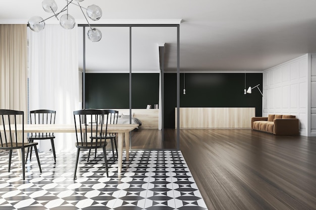 Black dining room interior with a wooden table with black chairs. A living room and a bedroom in the background. 3d rendering mock up