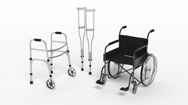 Foto stampella nera per sedia a rotelle per disabili e deambulatore metallico isolato su bianco