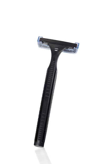 Black disposable plastic razor on white with reflection