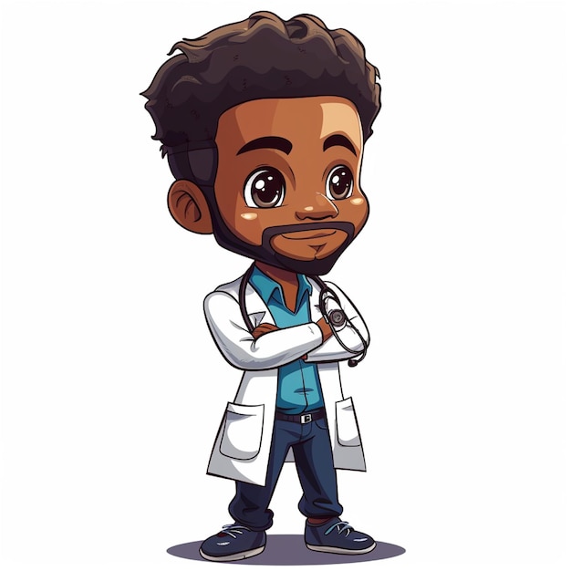 black doctor vector character chibi illustration on solid white background