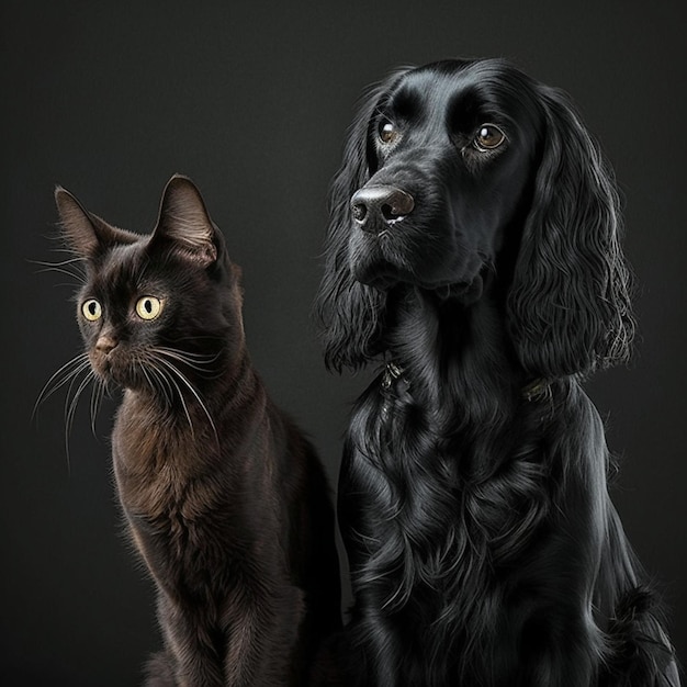 A black dog and a black cat are sitting next to each other.