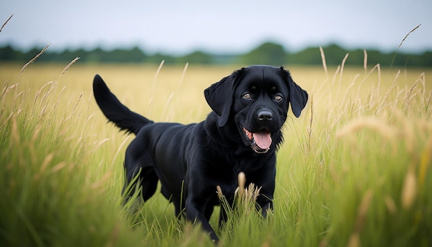 背の高い草の野原にいる黒い犬