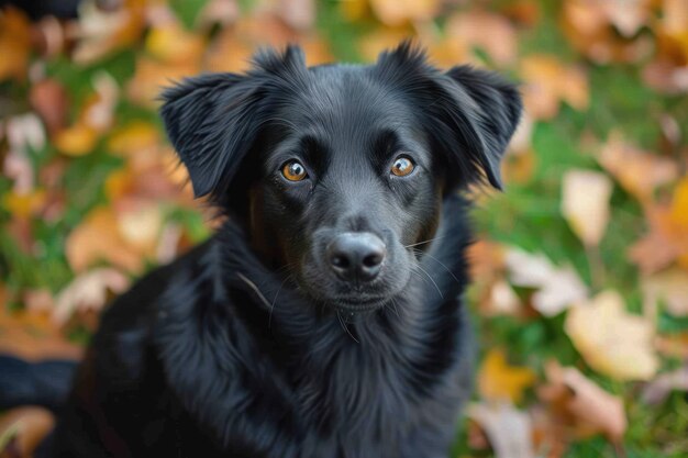 A black dog is looking at the camera