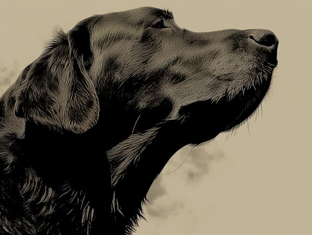 A black dog is looking up in the air