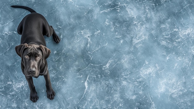 A black dog is standing on a blue surface