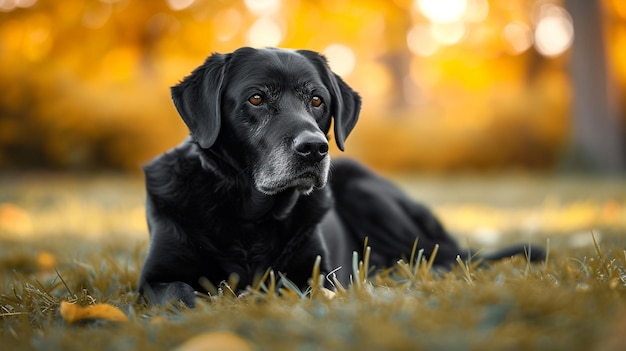 黄色の背景で草の上に横たわっている黒い犬