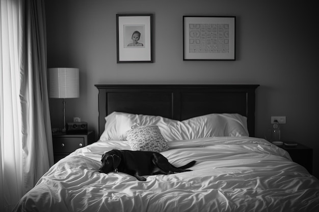 A black dog laying on top of a white bed