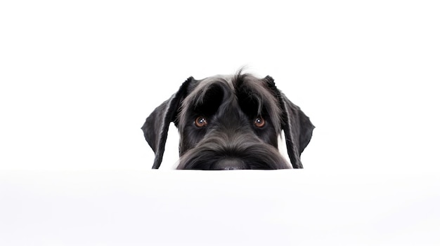 Black dog looking over a white background