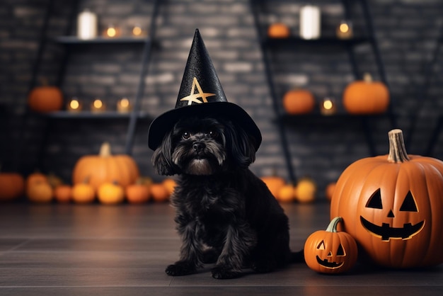 Black dog looks adorable in a witch hat during Halloween at home Generative AI content