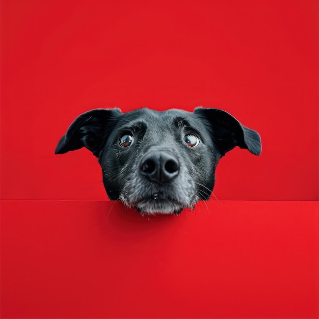 Black dog observing red wall