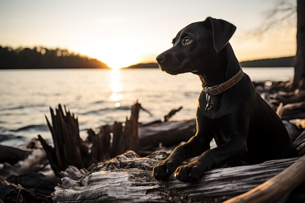 A black dog sitting on a log in front of a body of water