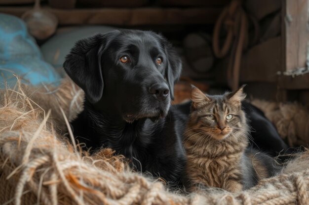 A black dog and a tabby cat are lying in a barn