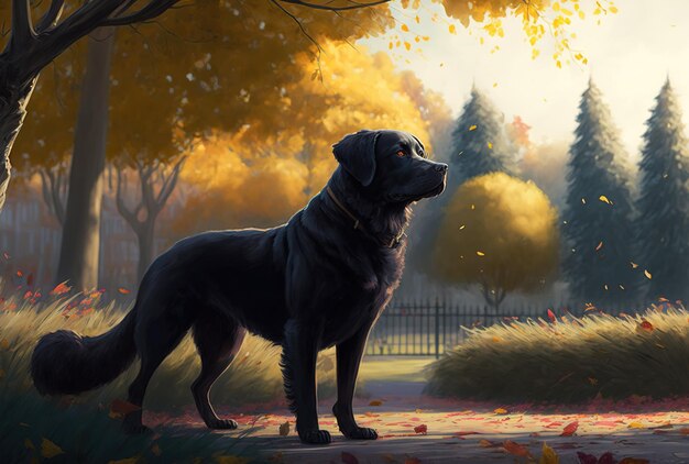 Black dog in a vibrant park in the autumn