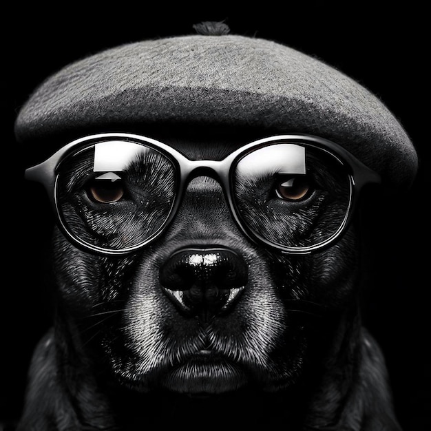 a black dog wearing a hat and glasses