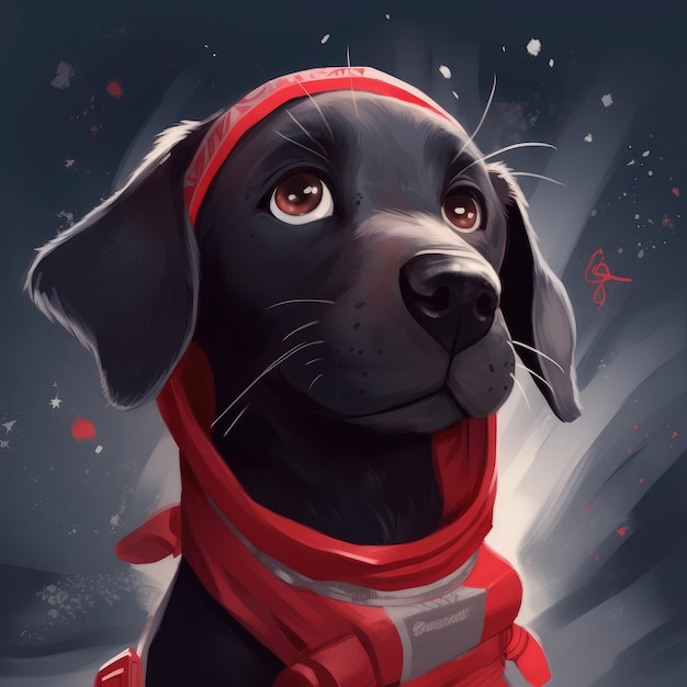 A black dog wearing a red scarf and a red scarf looks up at the sky.