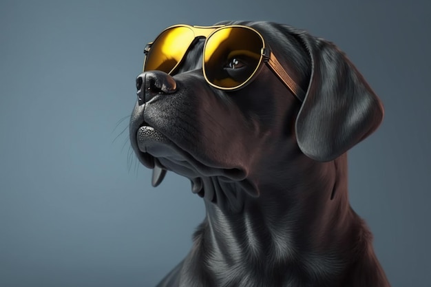 A black dog wearing sunglasses and a yellow sunglasses