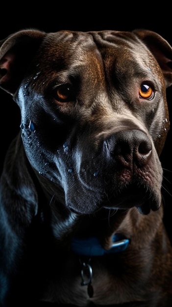 A black dog with a black face and the word pit bull on the front