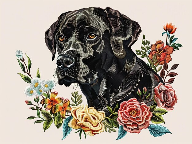 Photo a black dog with a black head and a bunch of flowers in front of it