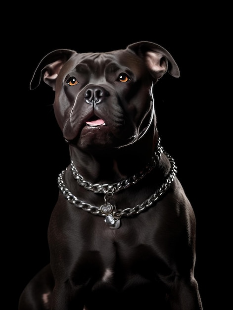 A black dog with a chain around its neck