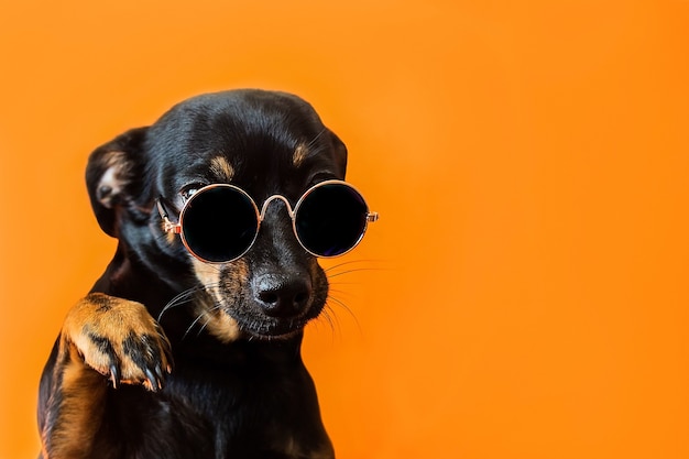 A Black dog with glasses on a red surface