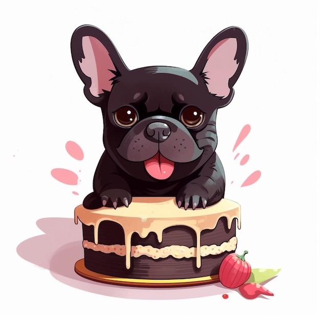 a black dog with its tongue sticking out is sitting on a cake.