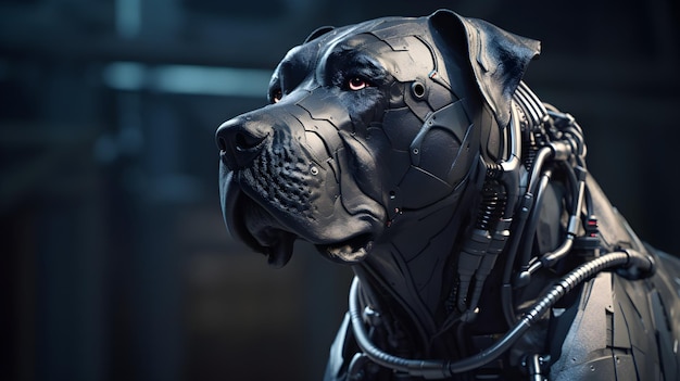 A black dog with a metal body