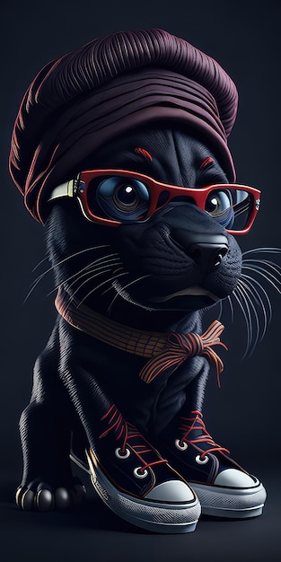 A black dog with a red bow tie and glasses.