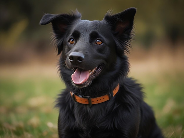 a black dog with a red collar and a tag that says the dog is smiling