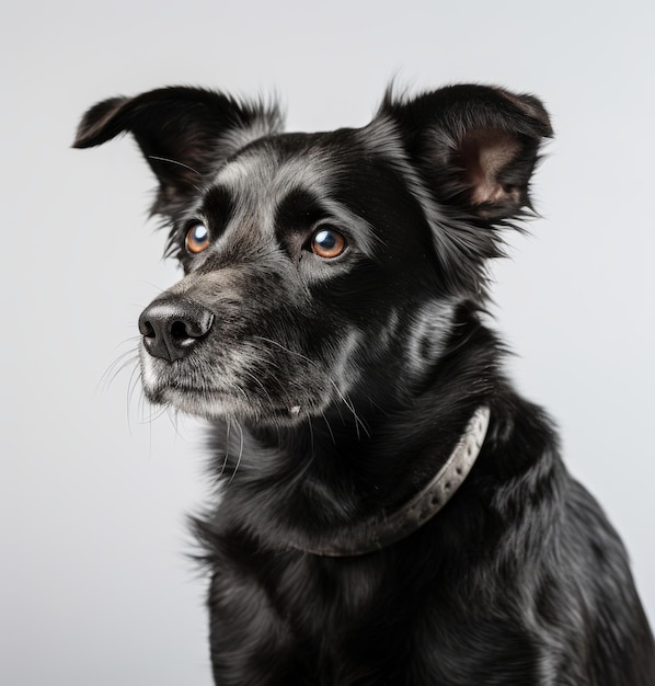 A black dog with a silver collar and a black nose.