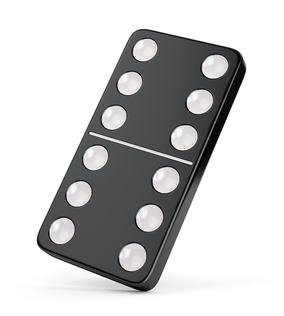 Black domino tile with six dots on both sides isolated on white background. 3D illustration