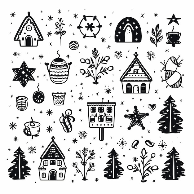 Photo black doodle christmas symbols clip art on white background