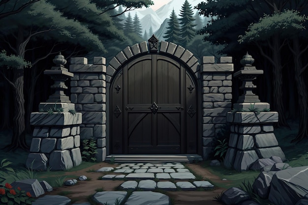 a black door a dark forest area