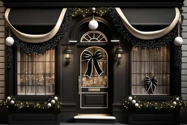 A black door with a black bow and a black and white christmas tree.