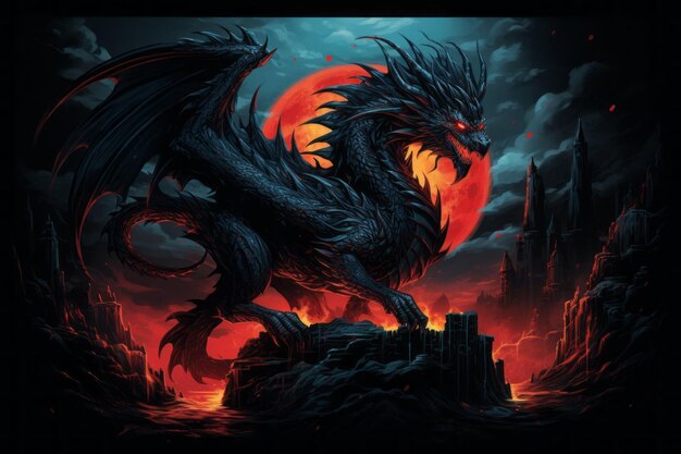 Pyrodrake: a fire/dragon-type pokémon resembling a majestic dragon engulfed  in flames. it has a serpentine body covered in fiery scales, glowing red  eyes, and large wings capable of creating scorching gusts of