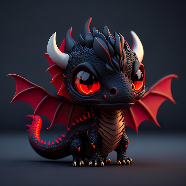 A black dragon with red eyes and red eyes is sitting on a dark background.